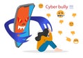 Vector illustration of a Cyber Ã¢â¬â¹Ã¢â¬â¹bully woman on the internet sitting in front of a smartphone with a devil figure. Online on
